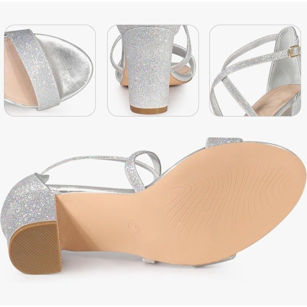 Perphy Silver Glitter Block Heel Sandals Women's Size 8 Ankle Strap Dress  NWOB - Picture 3 of 5